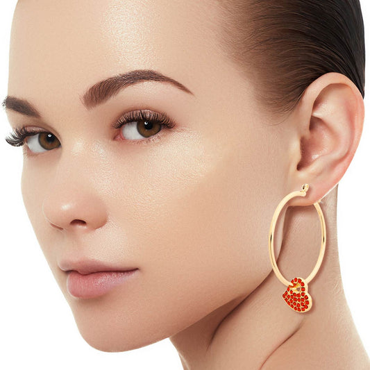 Gold Red Rhinestone Heart Charm Hoops