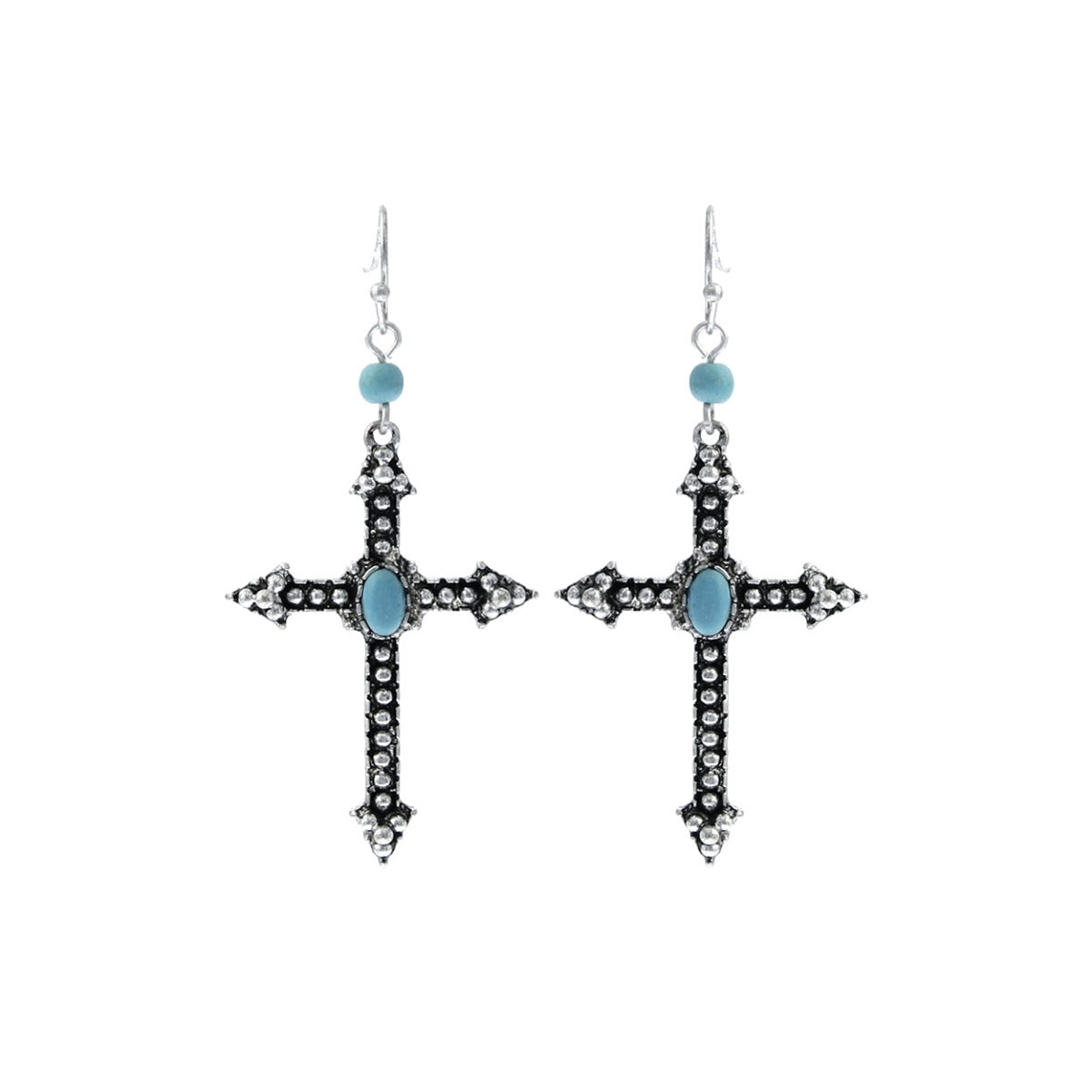 Turquoise Burnished Silver Cross Earrings