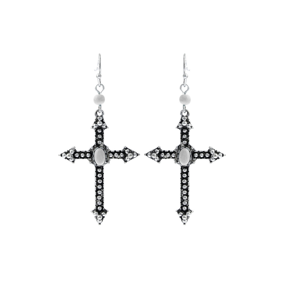 White Burnished Silver Cross Earrings