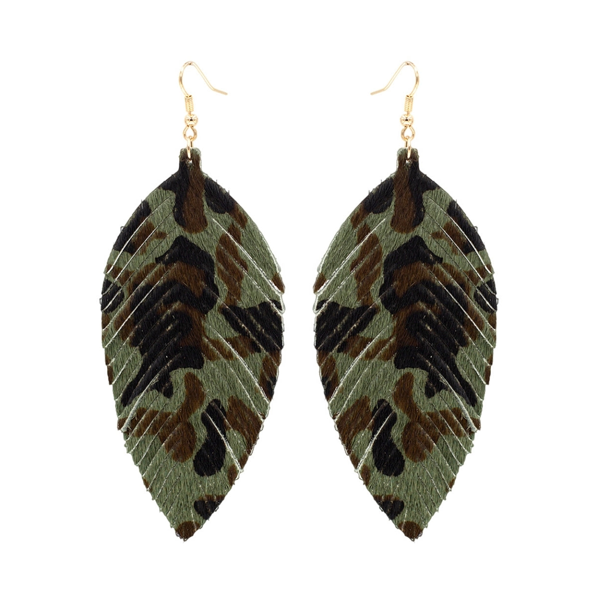 Olive Leopard Feather Earrings