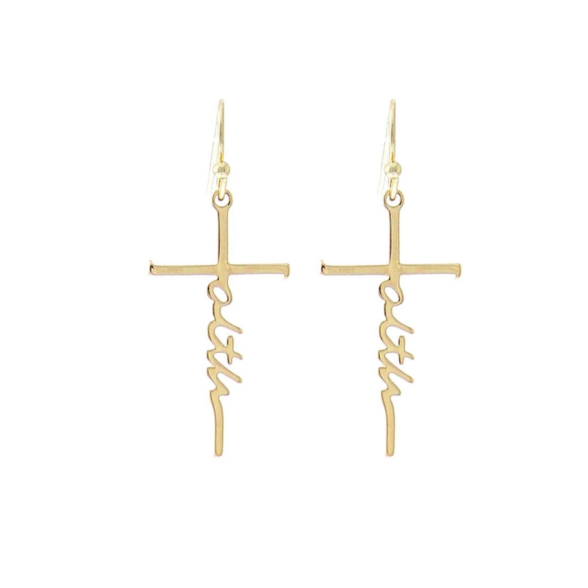 Gold Faith Script Cross Earrings