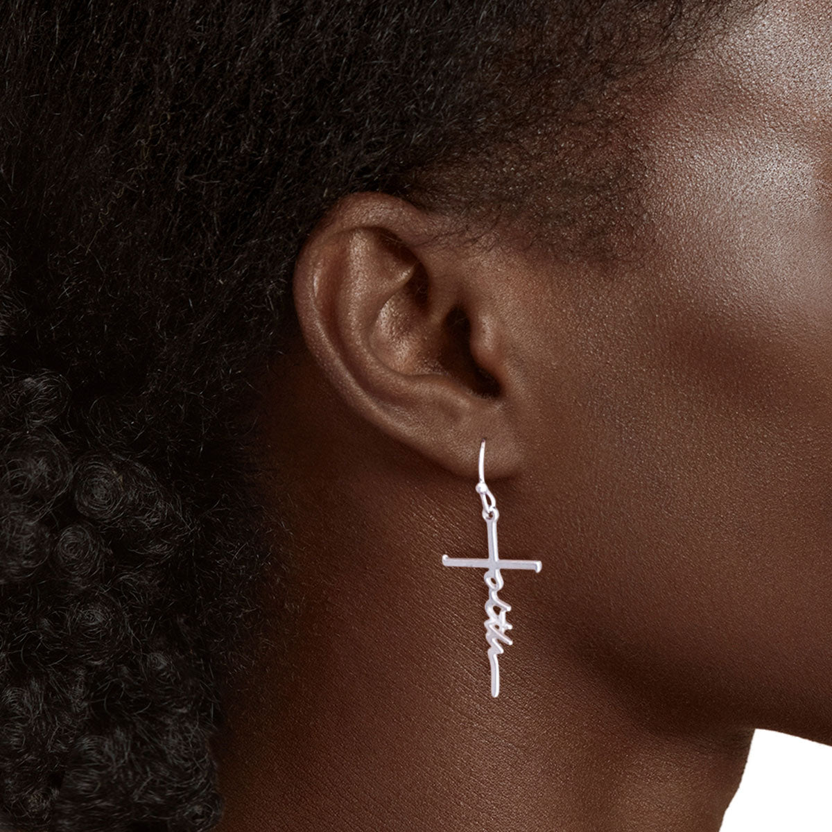 Silver Faith Script Cross Earrings