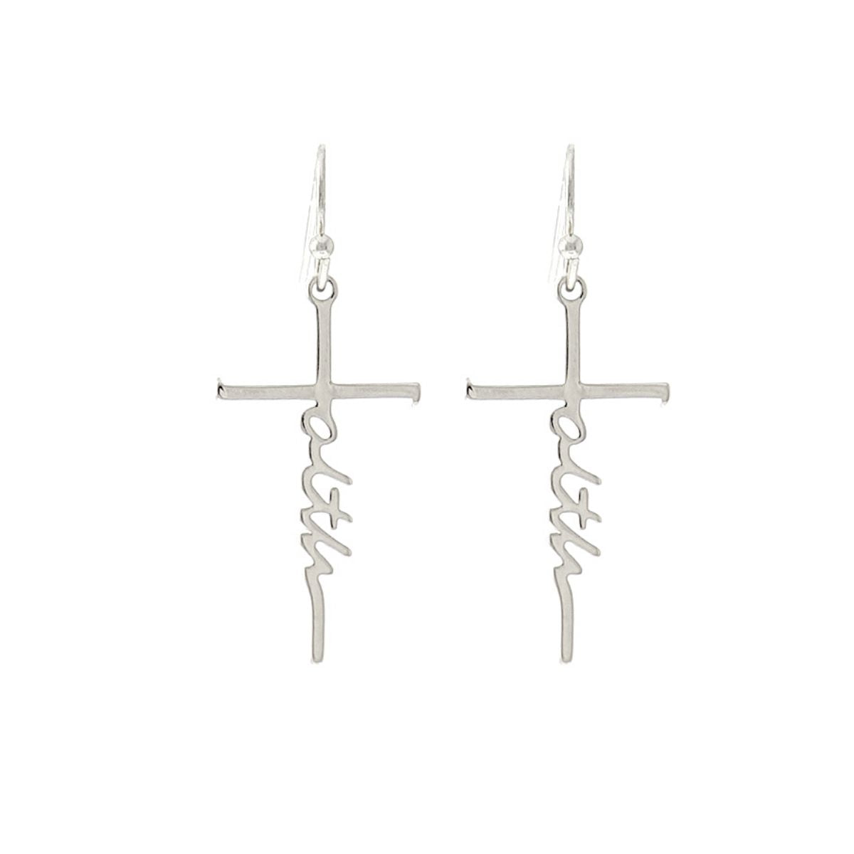 Silver Faith Script Cross Earrings