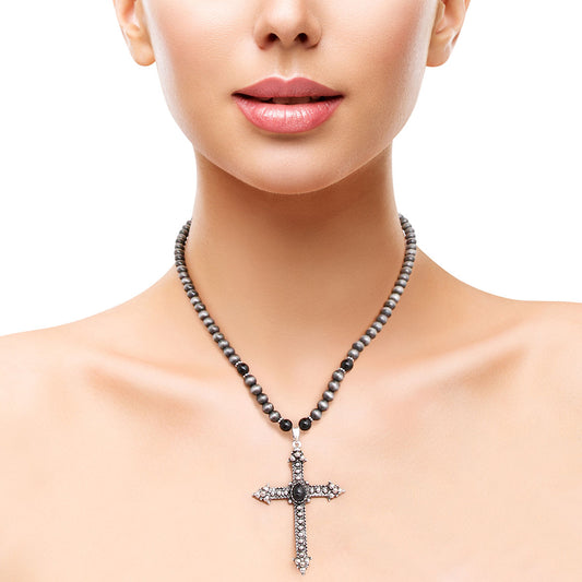 Black Navajo Pearl Cross Necklace