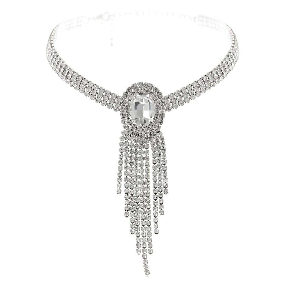 Silver Frame Fringe Rhinestone Choker