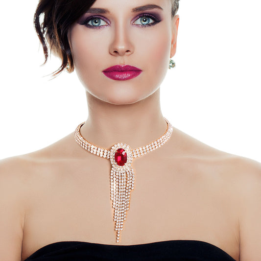 Red Frame Fringe Rhinestone Choker