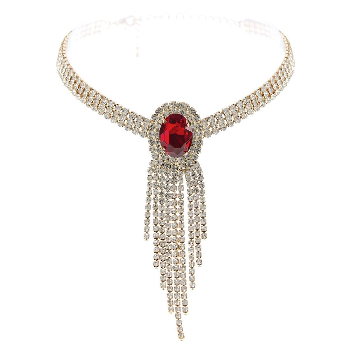 Red Frame Fringe Rhinestone Choker