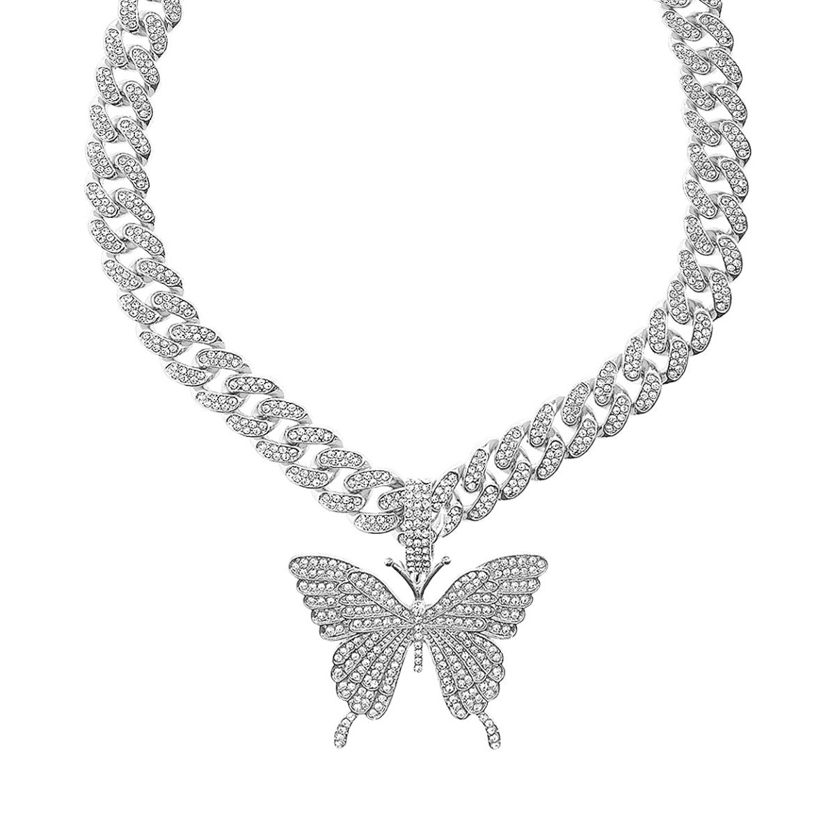 Silver Metal Iced Cuban Butterfly Chain