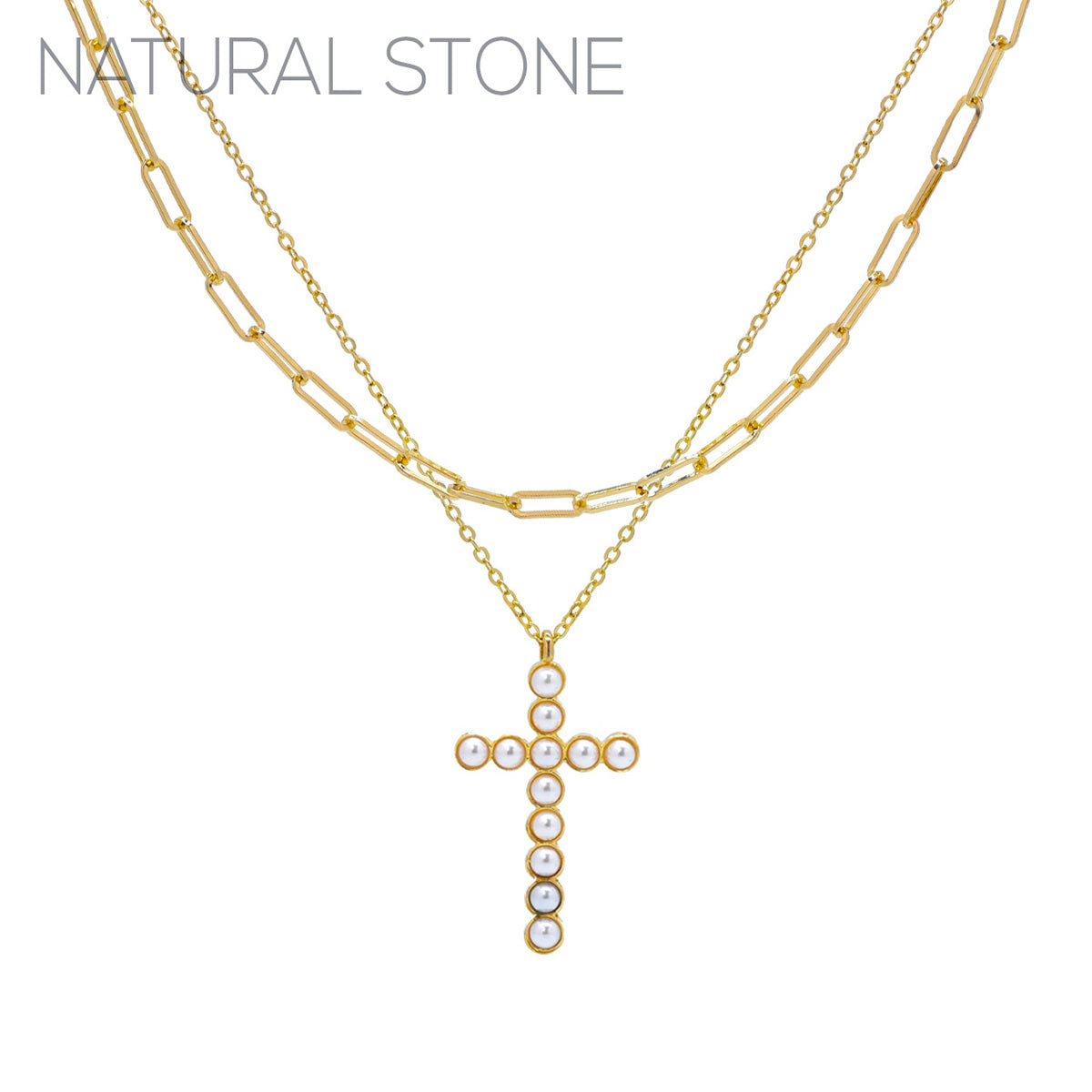 Gold Cream Pearl Cross 2pc Necklace