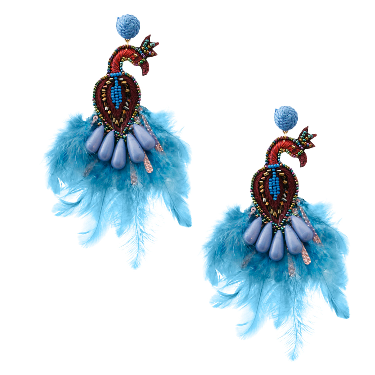 Peacock Bead and Feather Earrings