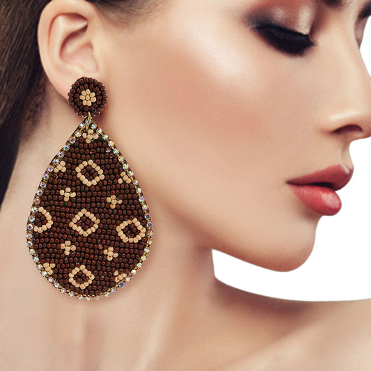 Embroidered Brown Teardrop Earrings