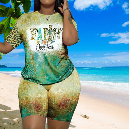 Green 3XL Faith Leopard Shorts Set