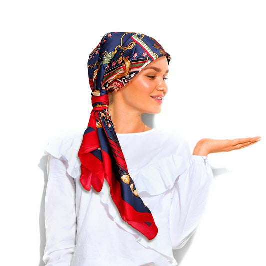 Navy Designer Silky Babushka Scarf