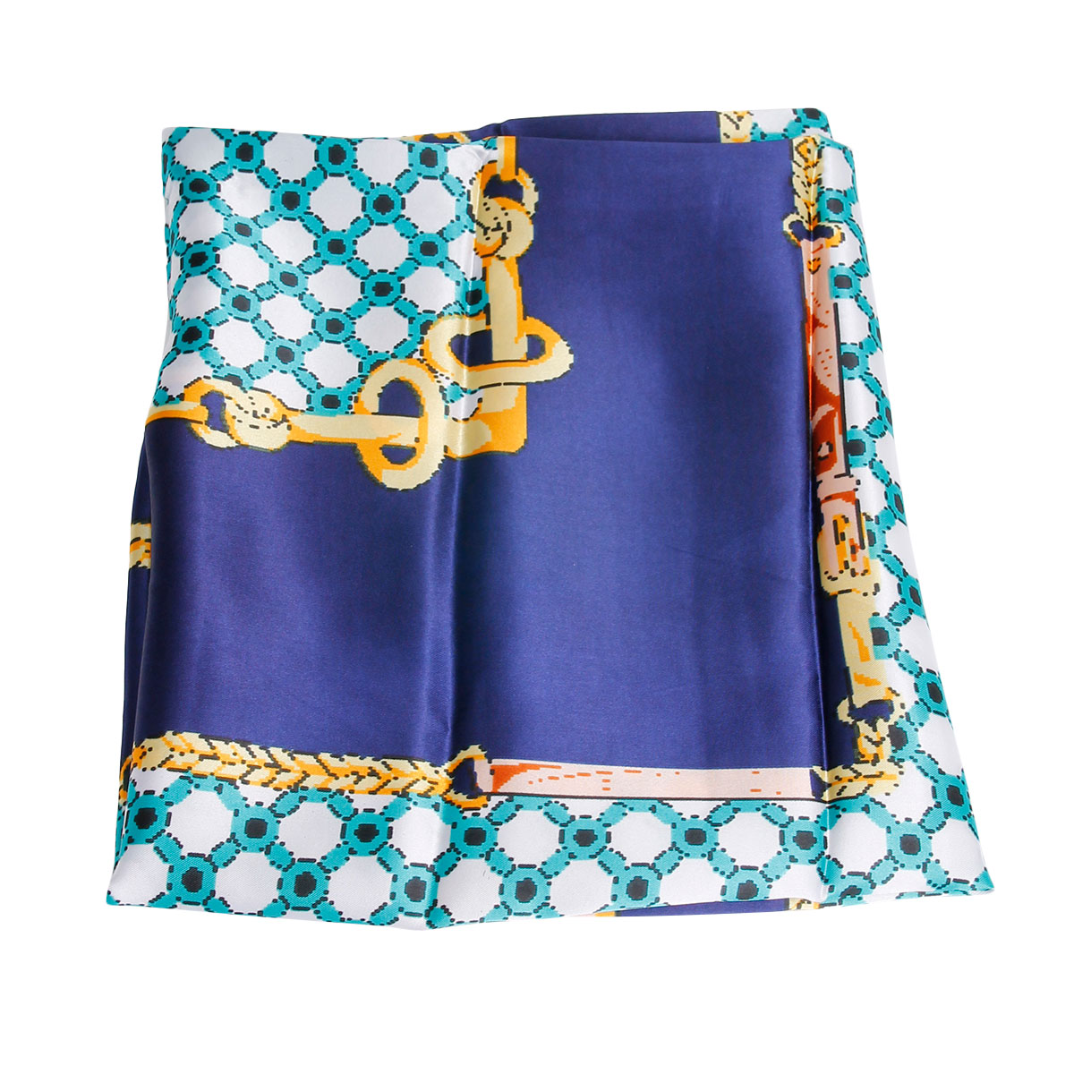 Navy Designer Chain Silky Babushka Scarf