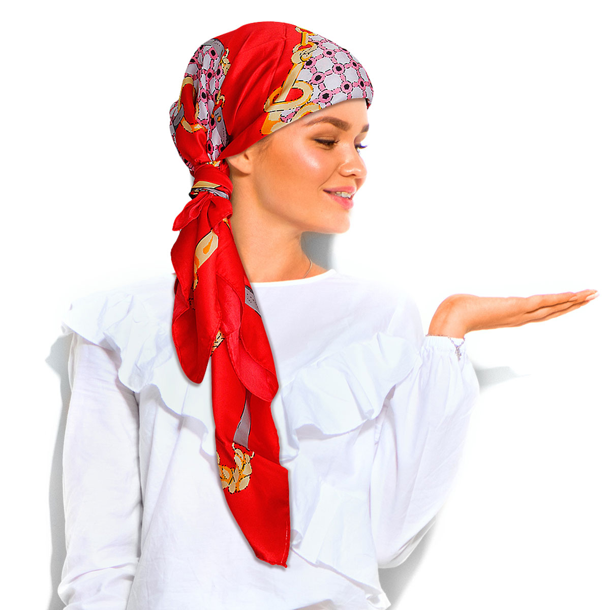 Red Designer Chain Silky Babushka Scarf