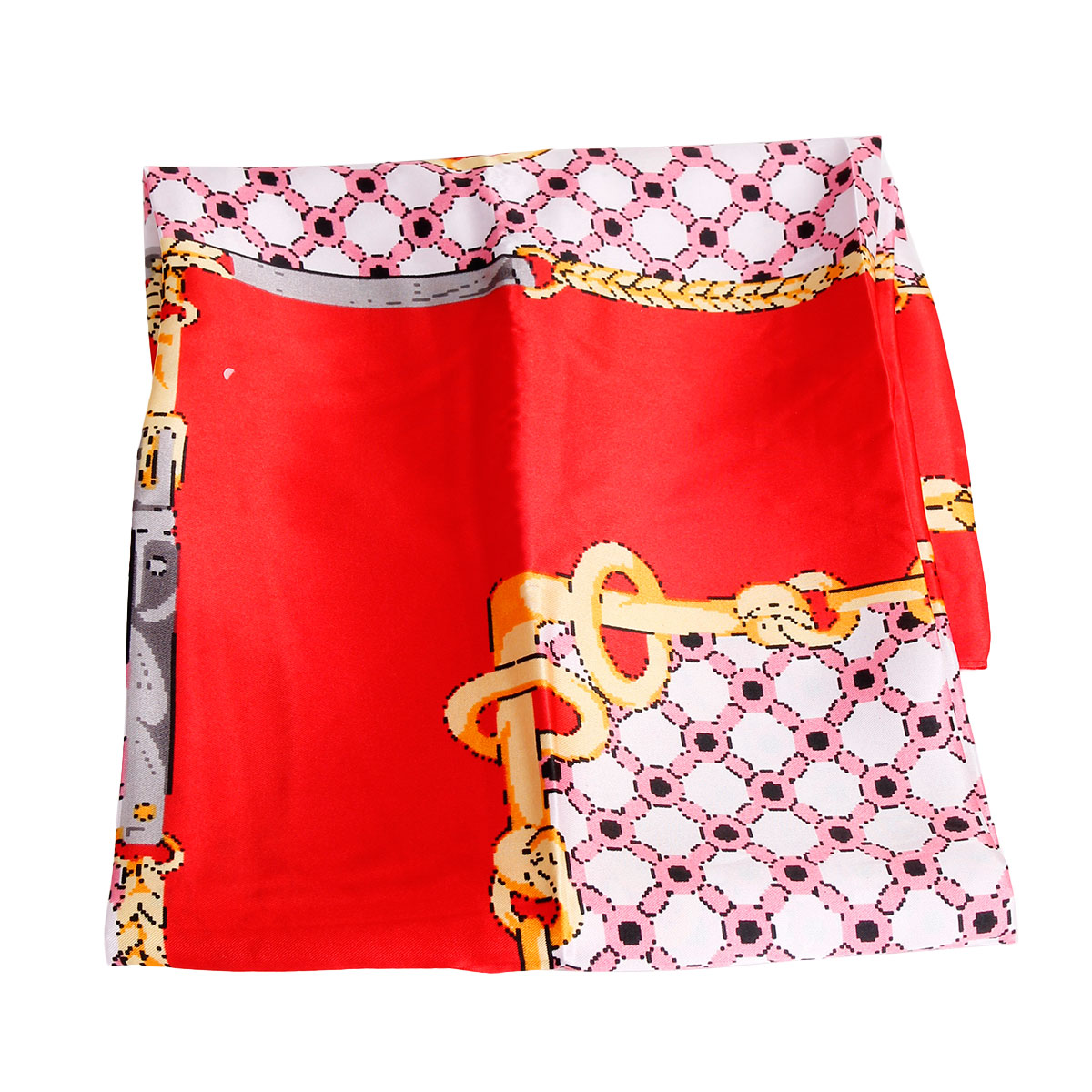 Red Designer Chain Silky Babushka Scarf