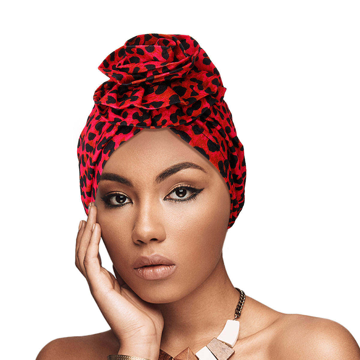 Red Leopard Print Flower Turban