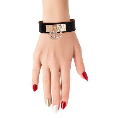 Black Leather Designer Snap Bracelet