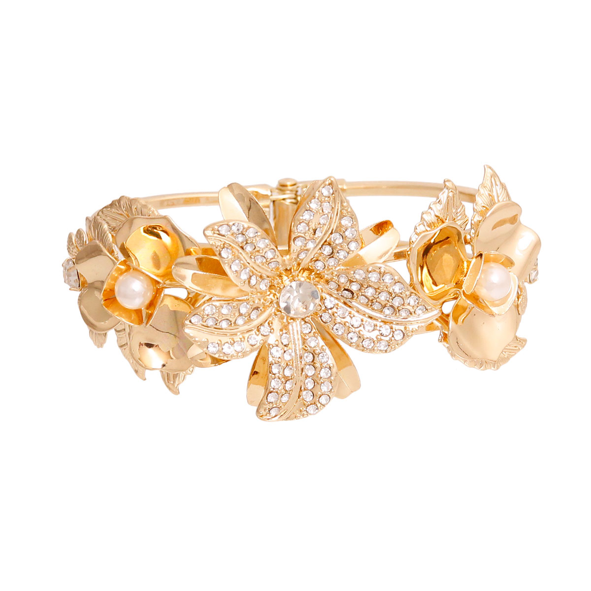 Rhinestone Floral Hinge Gold Bracelet