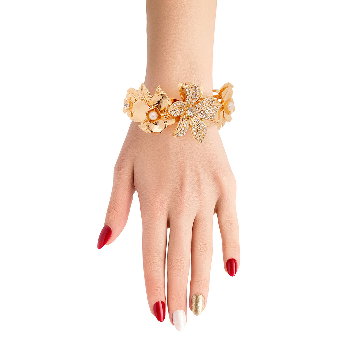 Rhinestone Floral Hinge Gold Bracelet