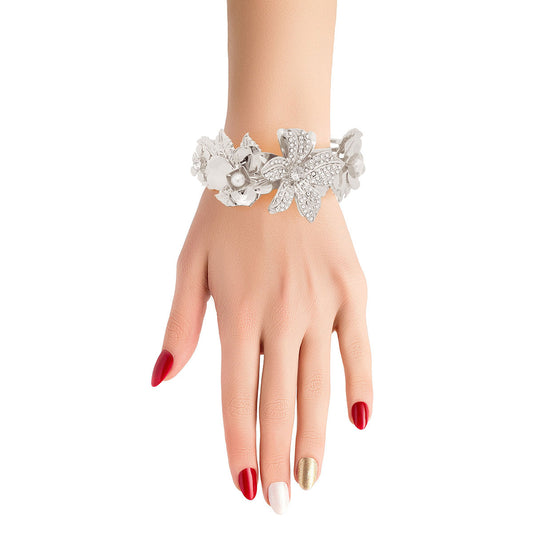 Rhinestone Floral Hinge Silver Bracelet