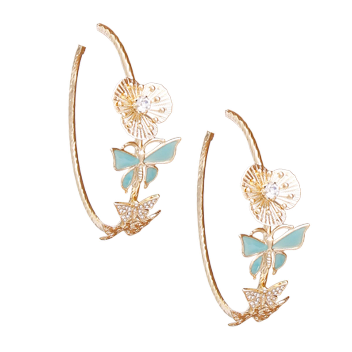 Gold Turquoise Butterfly Hoops