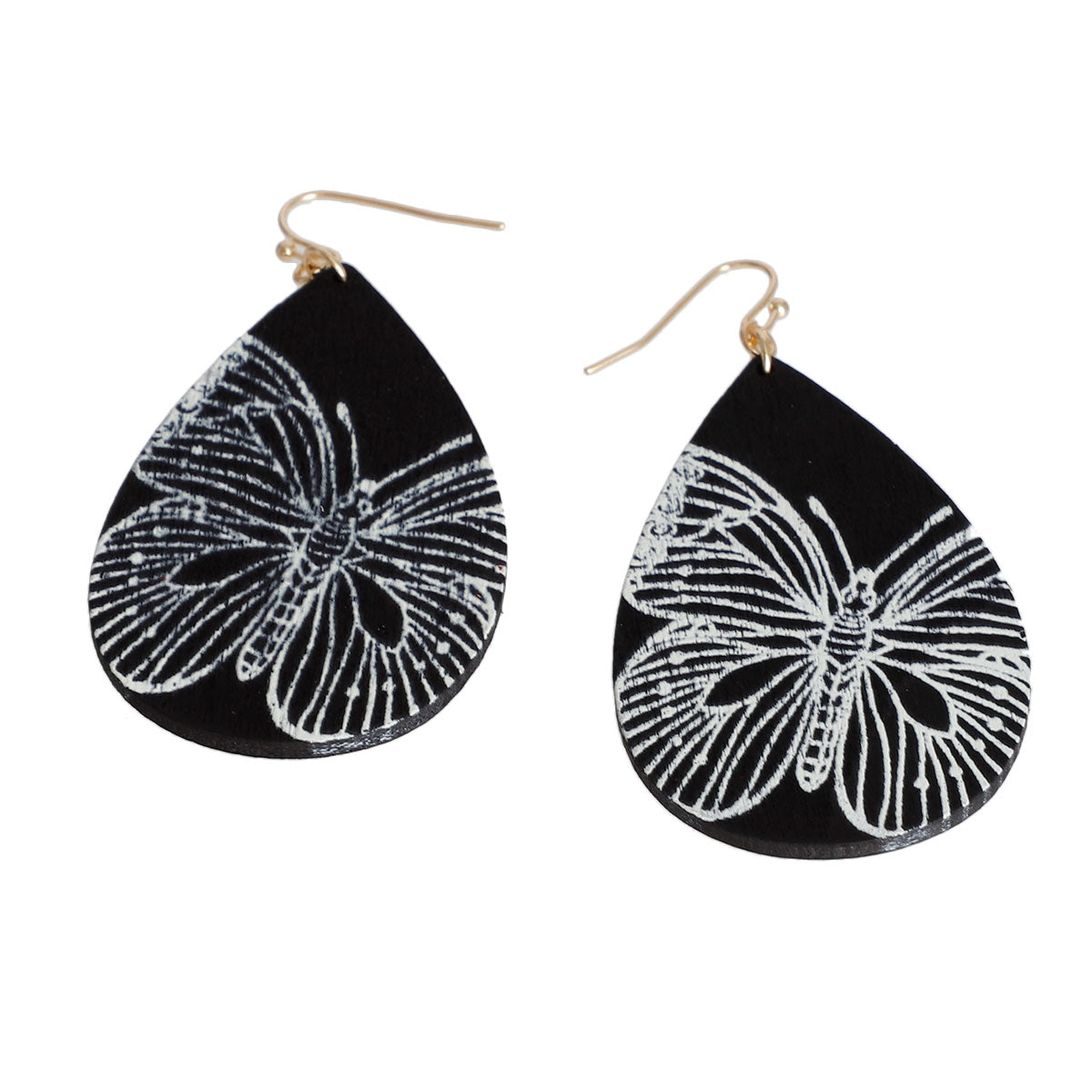 Black Wood Teardrop Butterfly Earrings