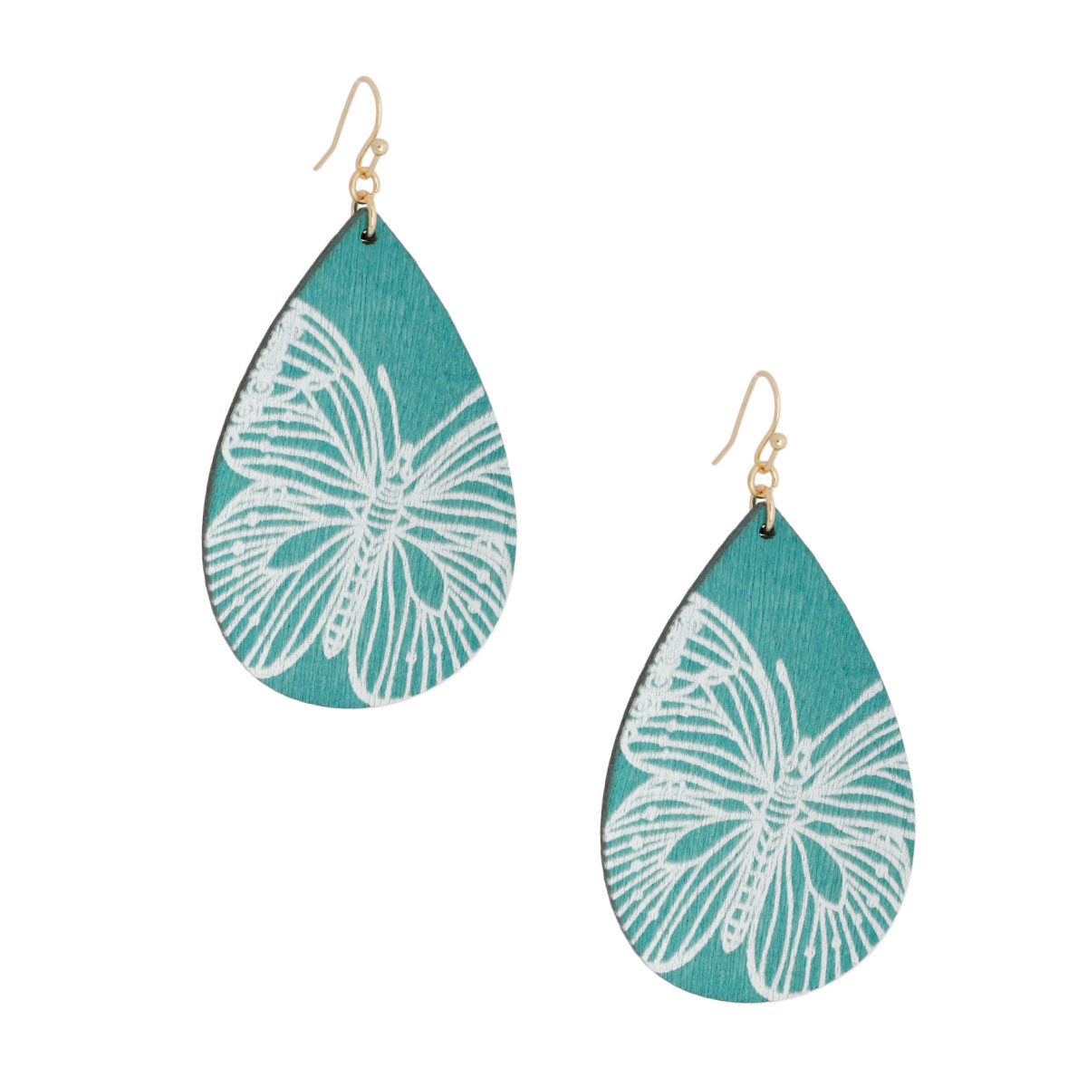 Mint Wood Teardrop Butterfly Earrings