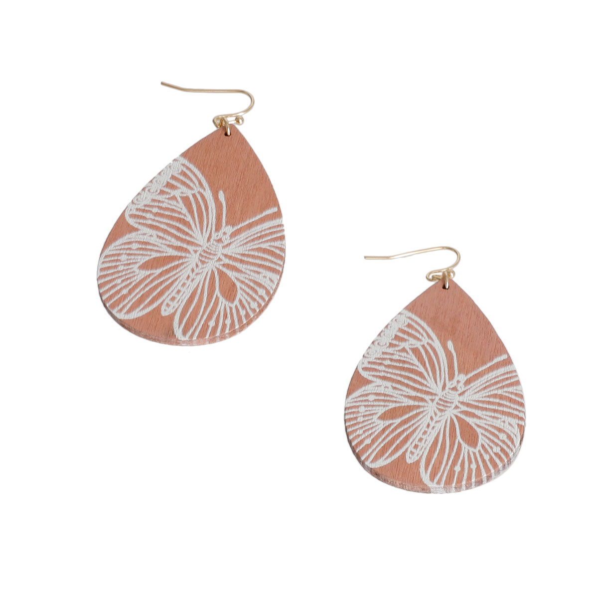 Pink Wood Teardrop Butterfly Earrings