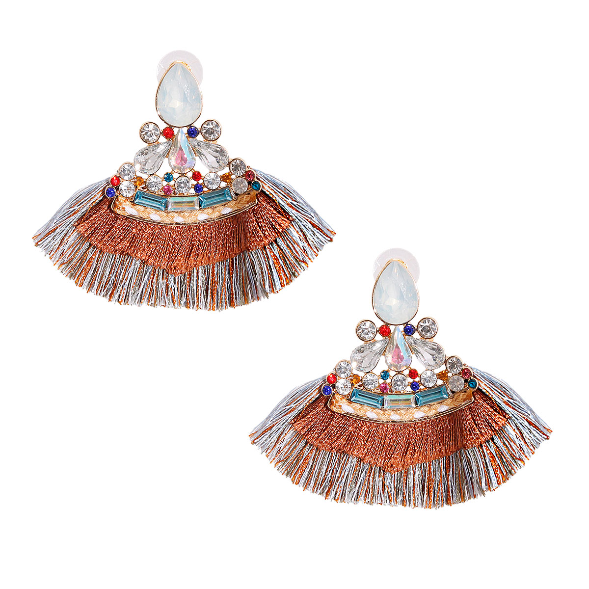 Multi Crystal Fan Tassel Earrings