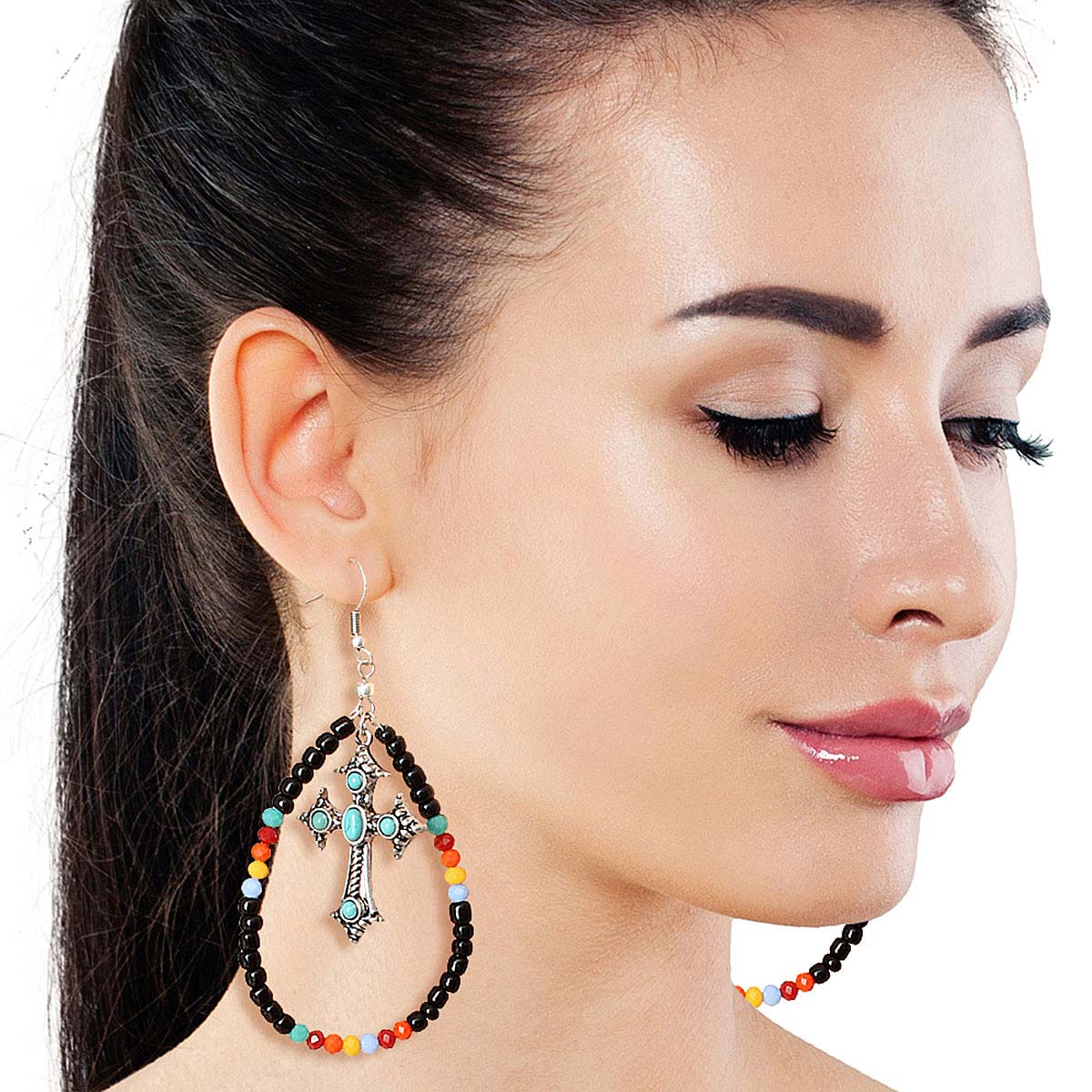 Black Bead Teardrop Cross Earrings