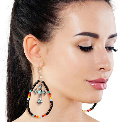 Black Bead Teardrop Cross Earrings