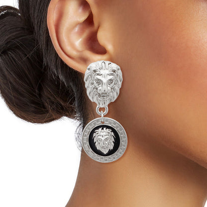 Silver and Black Designer Lion Earrings