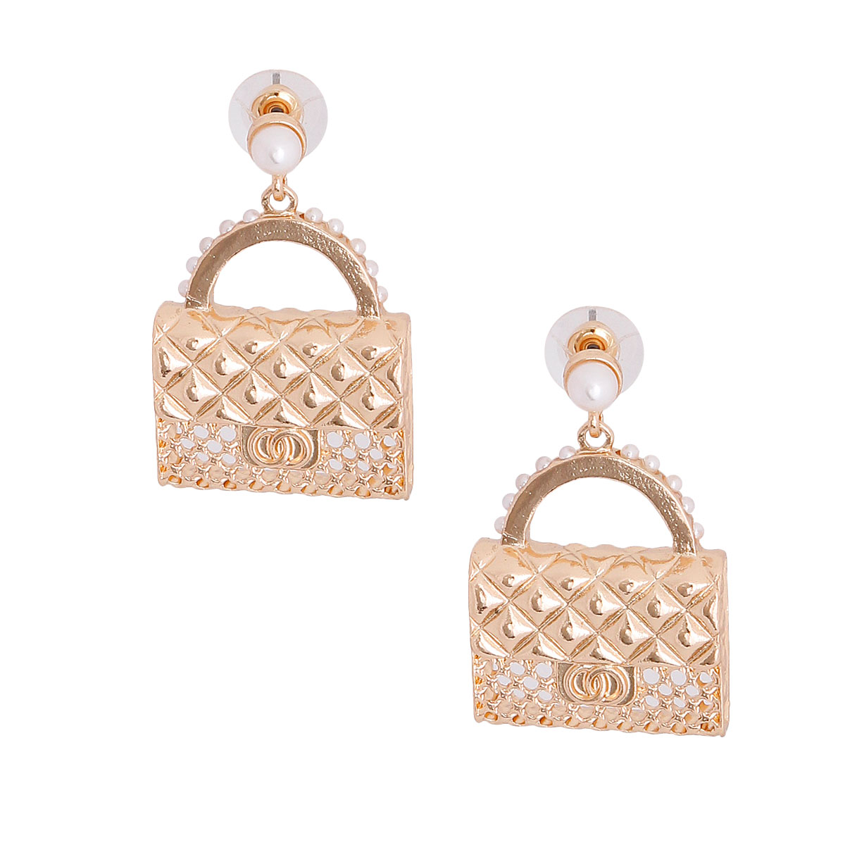 Gold Designer Handbag Pearl Earrings