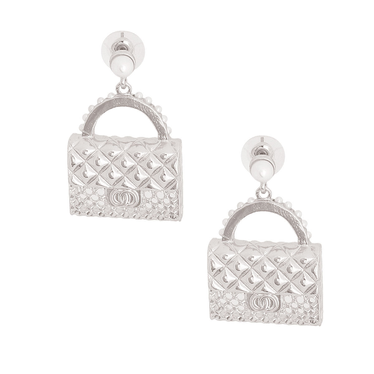 Silver Designer Handbag Pearl Earrings