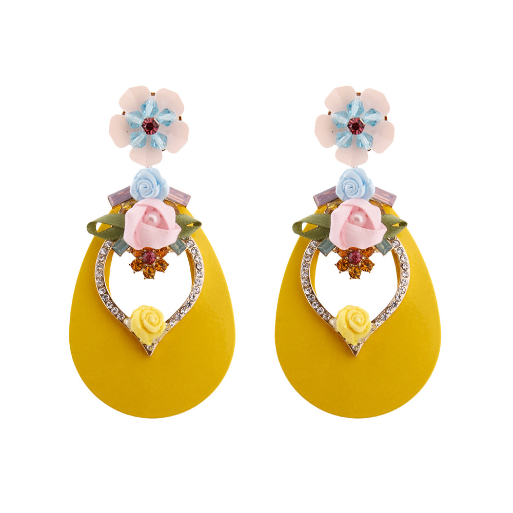 Yellow Teardrop Earrings with Rhinestone and Flower Detail