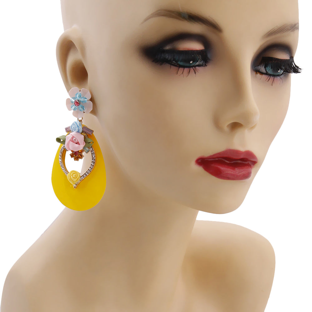 Yellow Teardrop Earrings with Rhinestone and Flower Detail