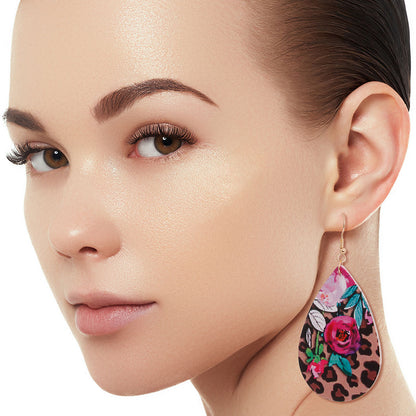 Leopard and Rose Teardrop Earrings