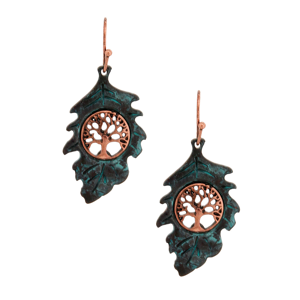 Patina Leaf Tree of Life Earrings