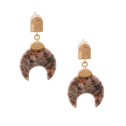 Gold Drop Earrings Featuring Natural Gray Stone Horn Shaped Detail