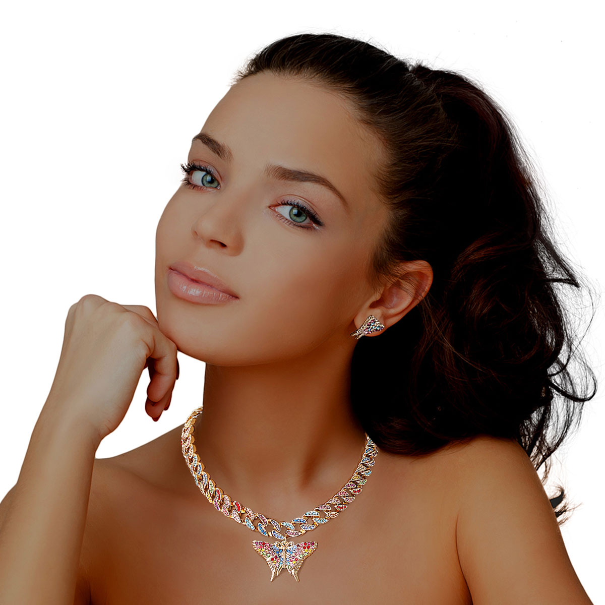 Rainbow Butterfly Pendant Cuban Chain Set