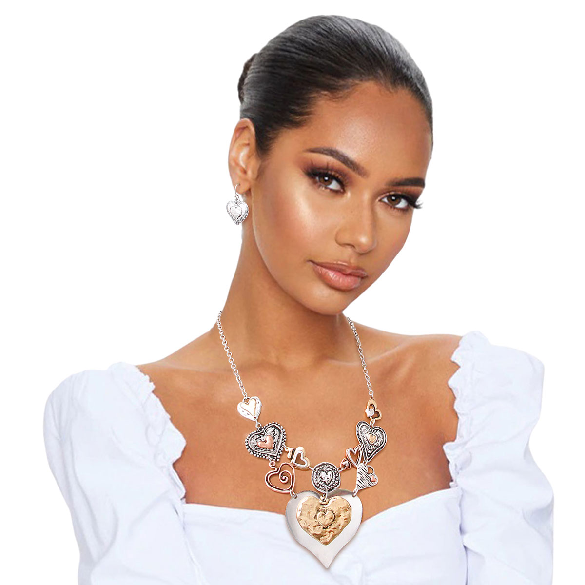 Burnished Metal Heart Necklace Set