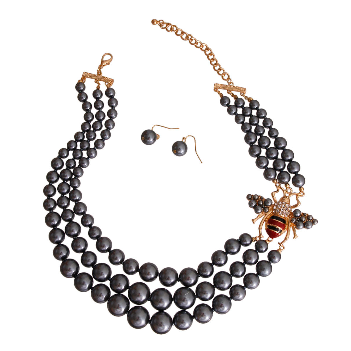 Hematite Pearl Designer Bee Necklace