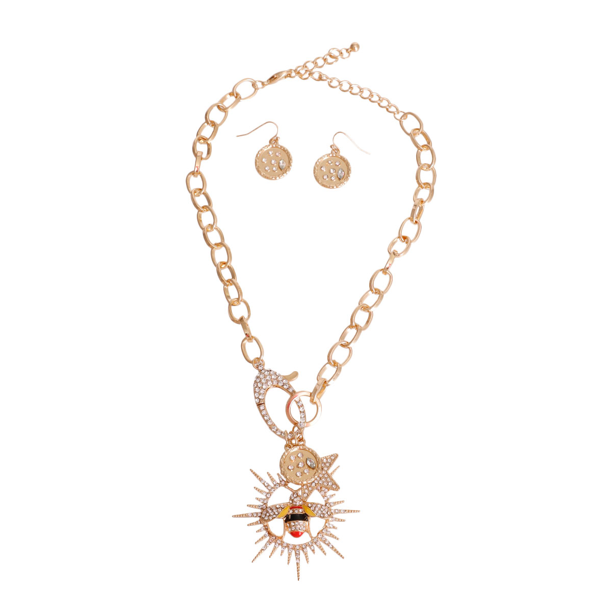 Gold Sunburst Bee Charm Clip Necklace