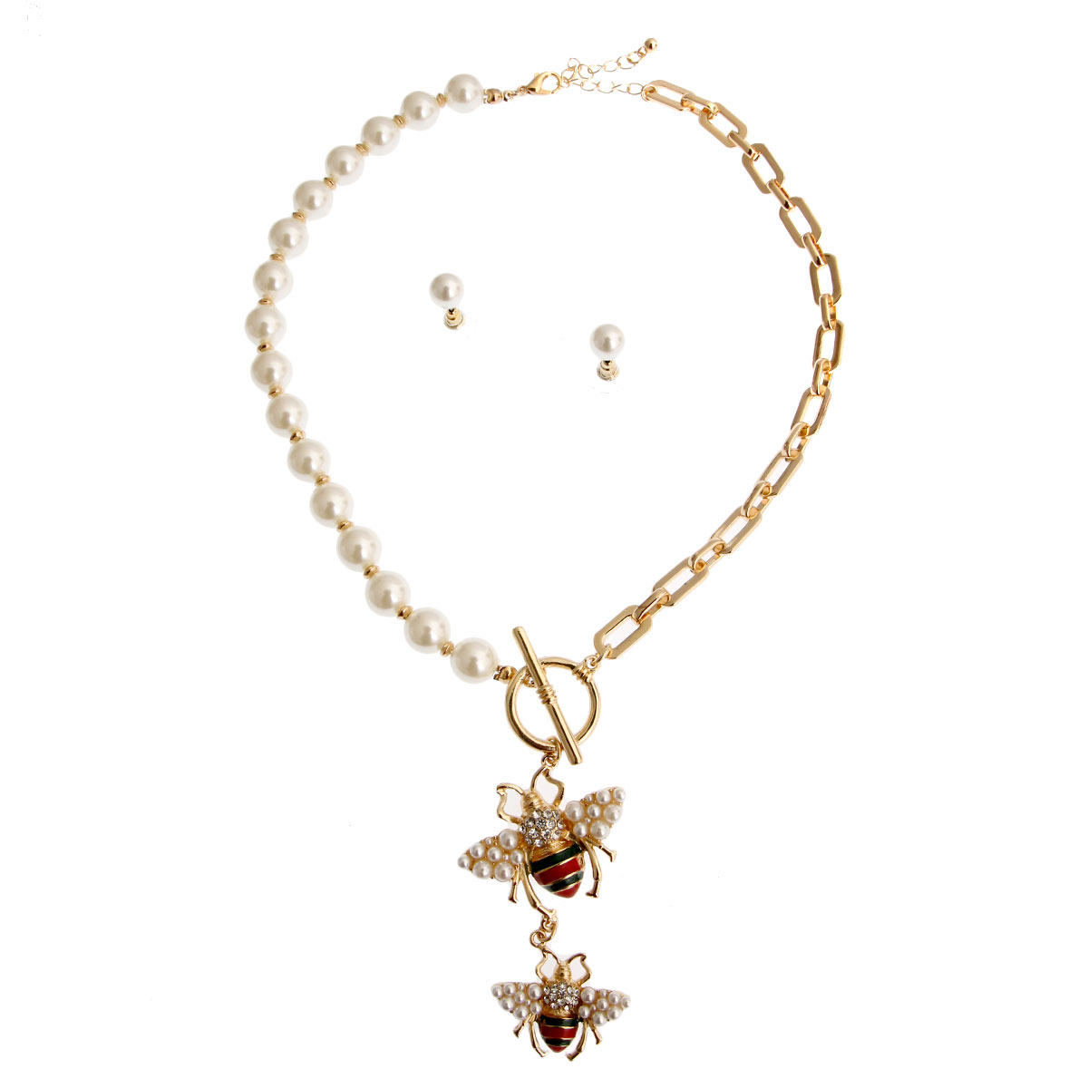 Gold and Pearl Bee Toggle Necklace