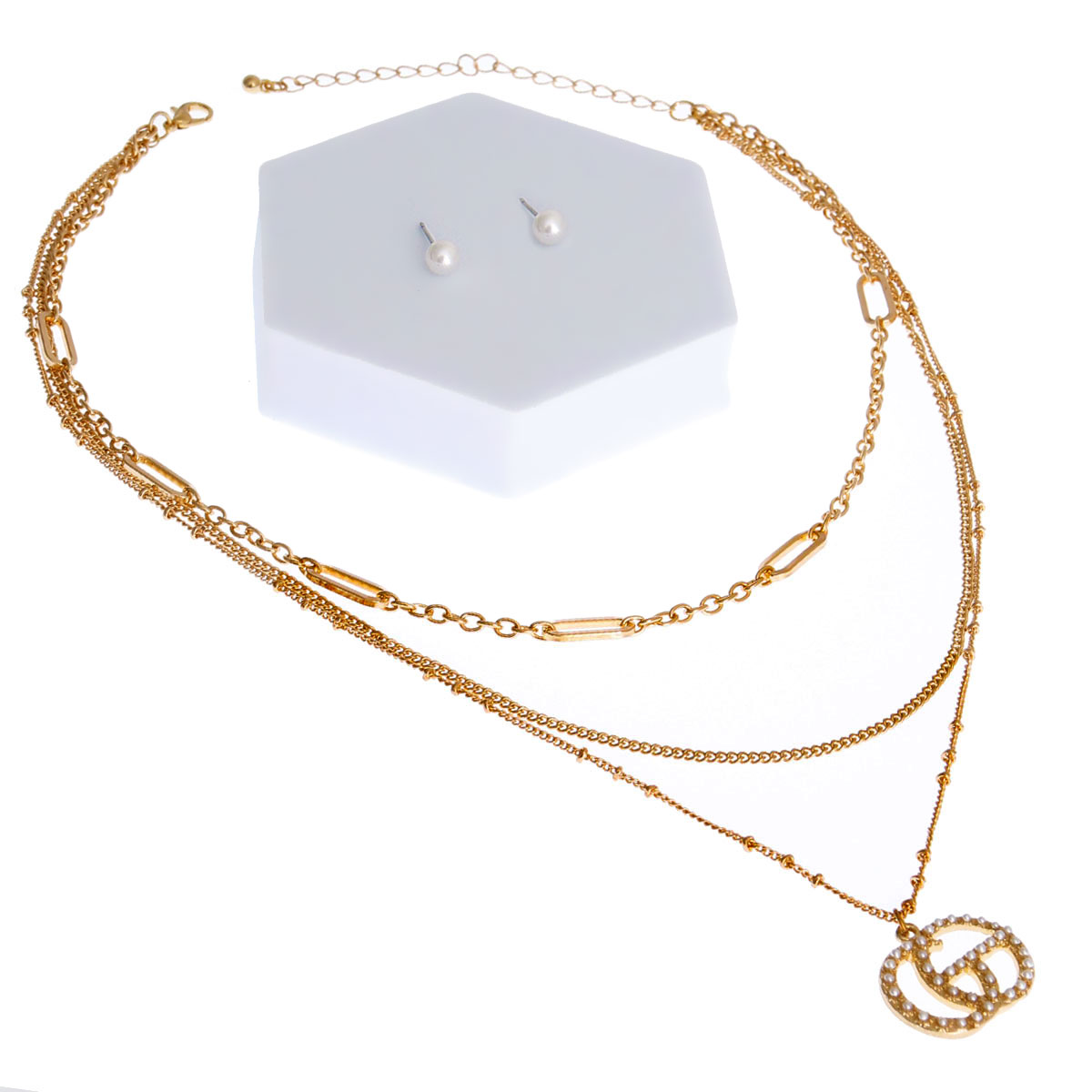 Gold 3 Strand Pearl Logo Necklace