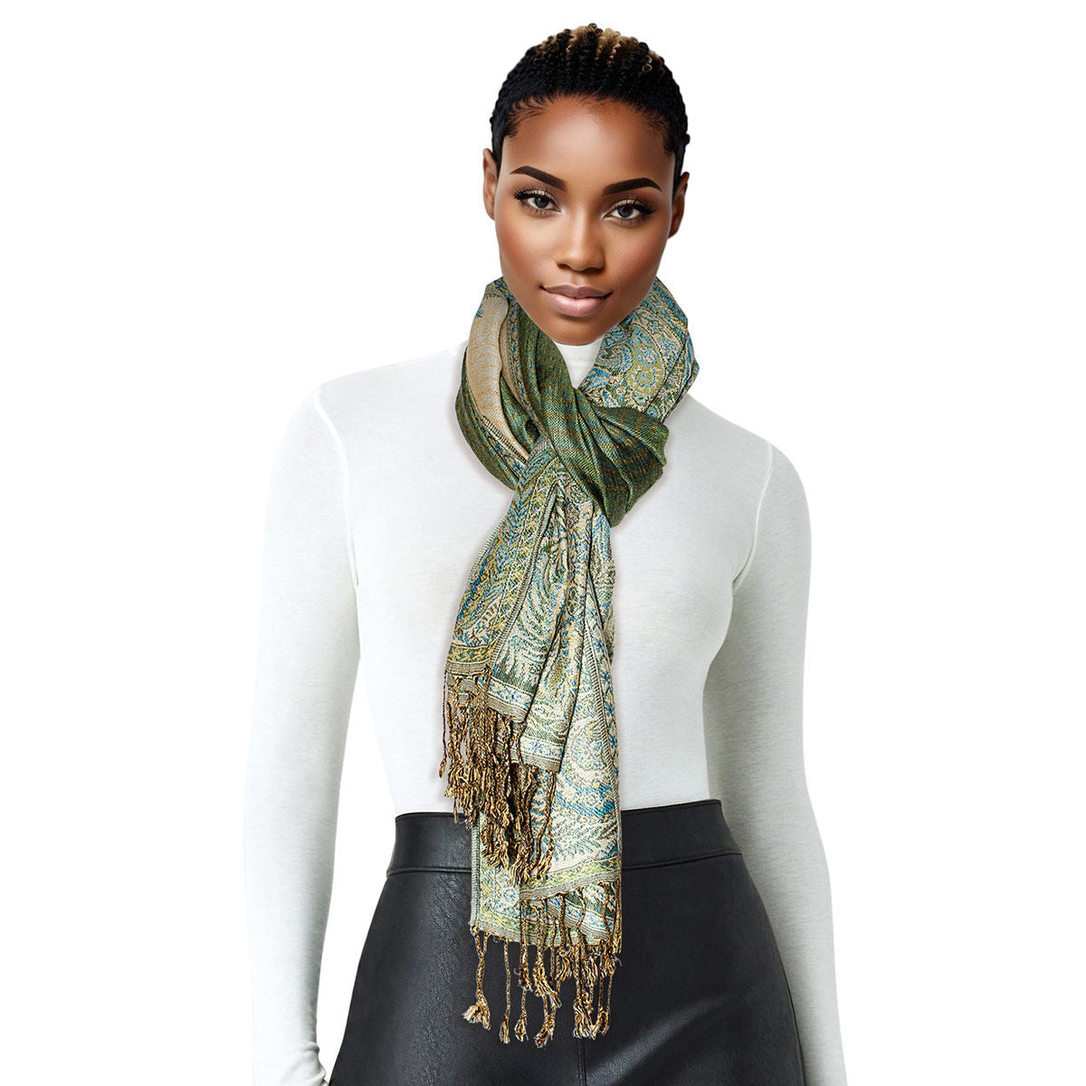 Pashmina Olive Boho Fringe Scarf for Women