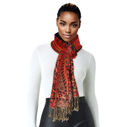 Pashmina Red Black Paisley Fringe Scarf for Women