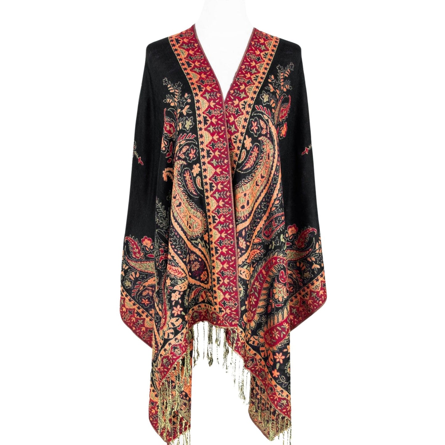 Pashmina Red Black Paisley Fringe Scarf for Women