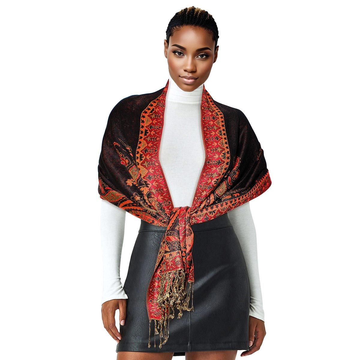 Pashmina Red Black Paisley Fringe Scarf for Women